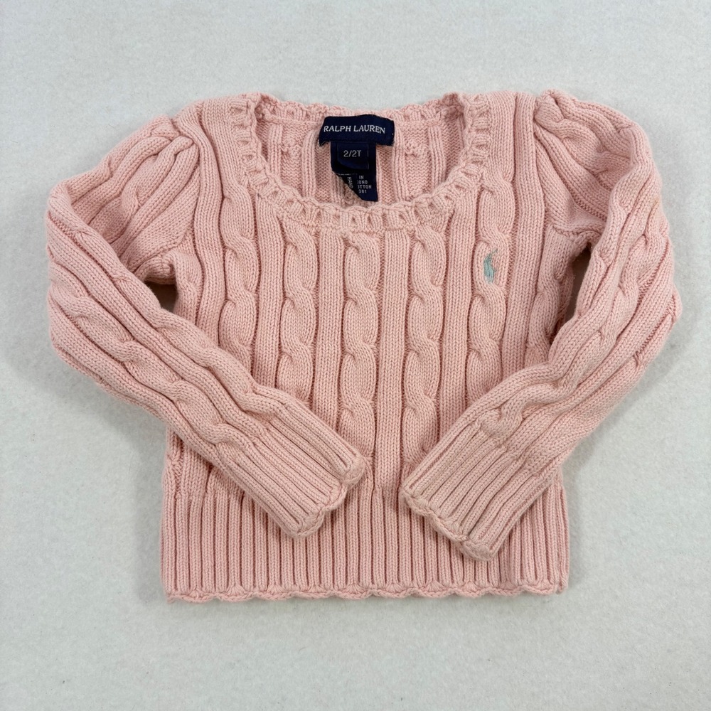 VTG Ralph Lauren Cable Knit Sweater Toddler Girls 2T Pink Preppy Cotton Pony